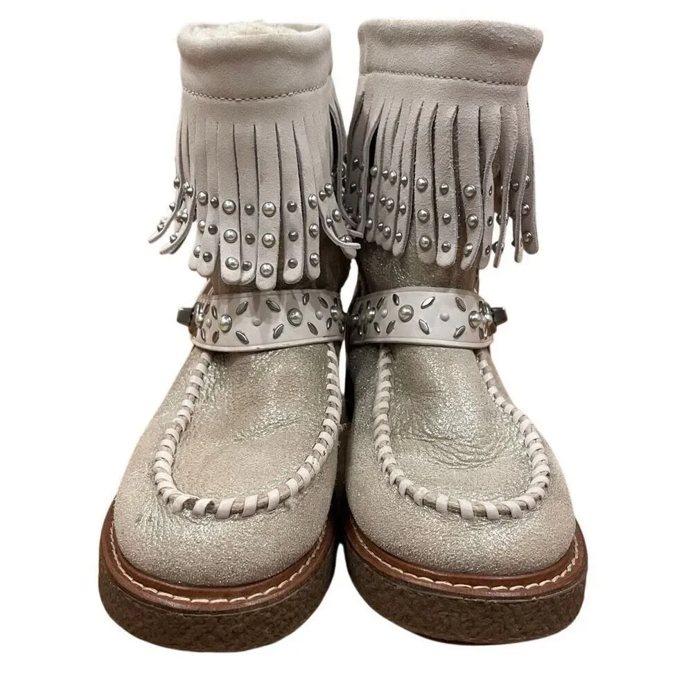 Coach Womens Roccasin Shearling Boots 6 B Fringe Studs Cowgirl Chic Apres Ski